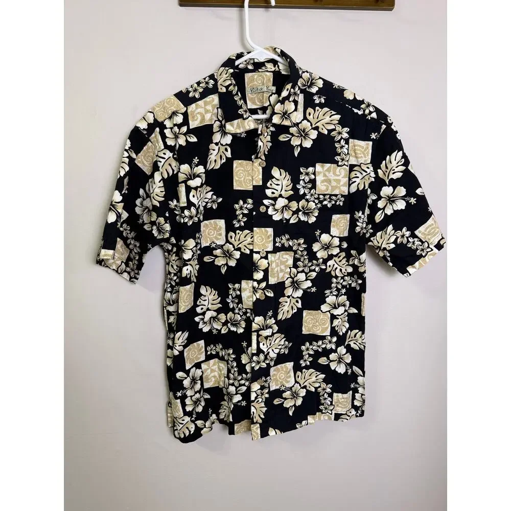 Batik Bay Mens L Hawaiian Short Sleeve Button Up Shirt Black / Tan Hibiscus Sun - Picture 1 of 4